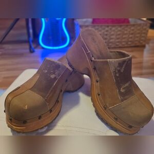 Vintage 70s Chunky Brown Patchwork Platform Clog Mules W Metal Studs Sz 6
